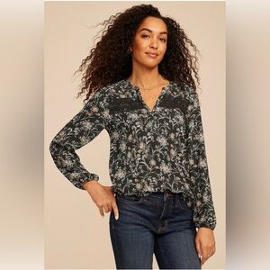 Maurices Black Floral Lace-Yoke V-Neck Blouse